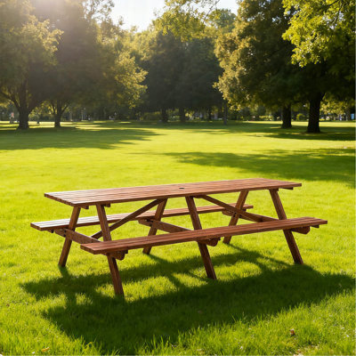 Très grand ensemble de table de pique-nique d'extérieur de 95 pouces avec bancs, table de patio en bois pour 12 personnes avec trou de parasol, mobilier de jardin brun rustique pour la cour arrière, 240 cm