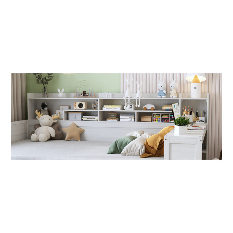 Lit de jour en bois avec tablettes de rangement, lit multifonctionnel avec deux tiroirs de rangement et bureau d'étude, 