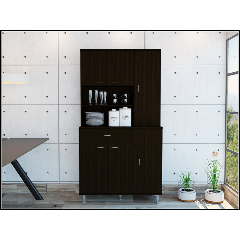 Garde-manger à 1 tablette et 1 tiroir Tigard en wengé noir, solution de rangement durable et élégante pour les cuisines modernes