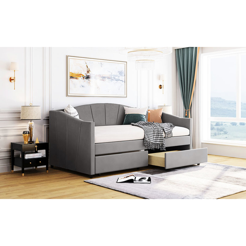 Upholstered Daybed With Two Drawers In Gray - Create A Cozy Bedroom Ambience Twin Size And Versatile Furniture, Gray