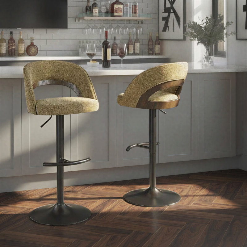 Tabouret de bar réglable Nakita avec repose-pieds arrondi en T (ensemble de 2), Sage Green/Glazed Walnut Seat/Black Frame