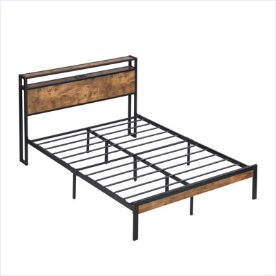 Metal Platform Bed Frame With Wooden Headboard And Footboard With USB LINER