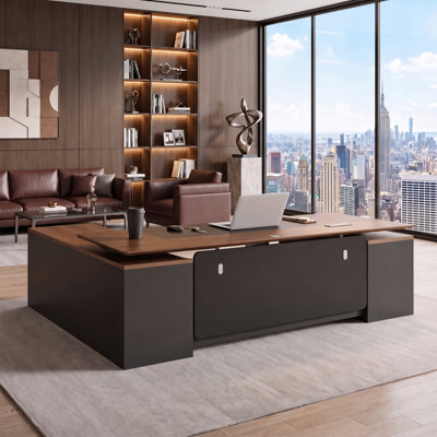 Bureau assis-debout de direction de luxe en forme de L avec caisson de rangement, réglable en hauteur électrique, avec prises électriques, ports USB, étagères de rangement et tiroir verrouillable, finition noyer/noir.