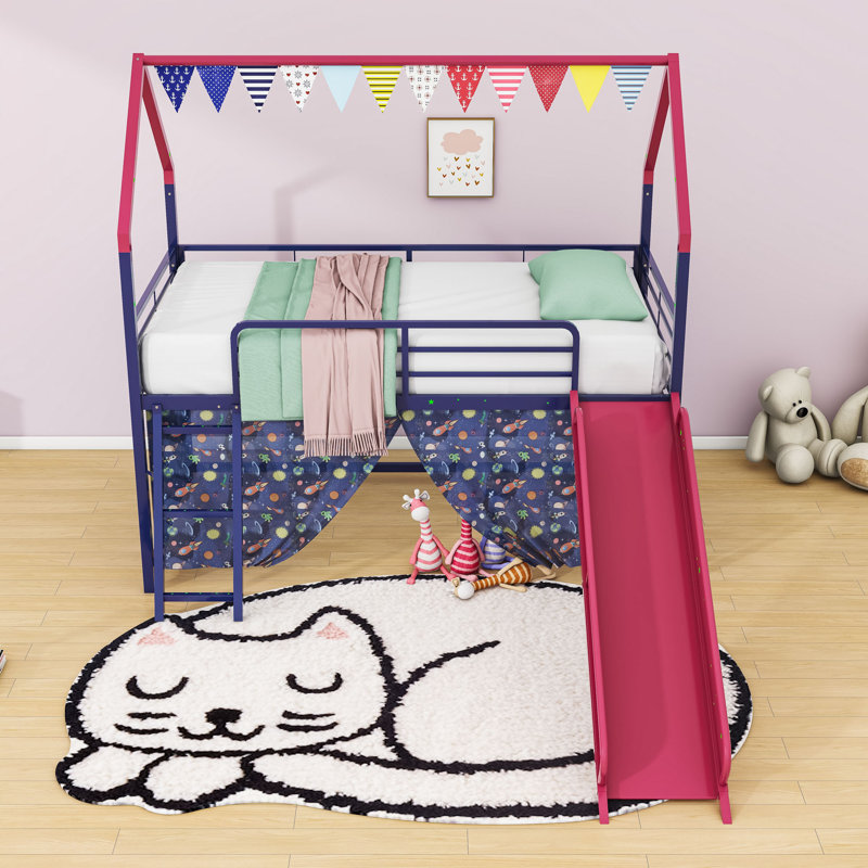 Lit mezzanine simple avec glissade et accessoires ludiques, Bleu marine / rouge