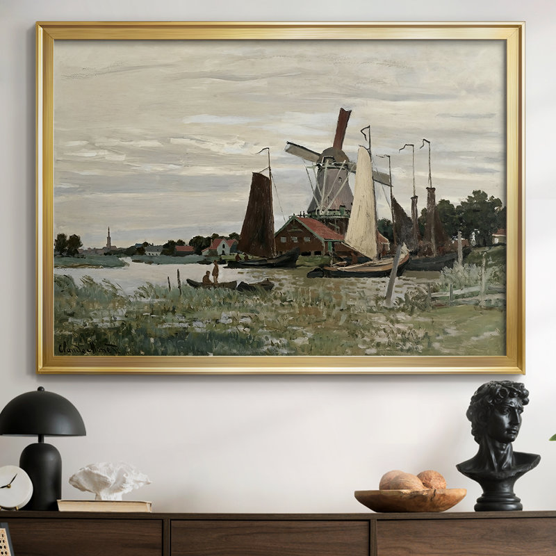 Moulin à vent à Zaandam - Claude Monet - Toile tendue avec châssis, 1871, 26,5 x 36,5, Toile avec cadre, Or