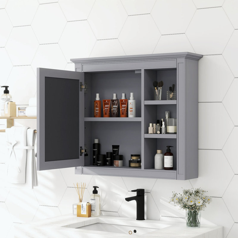 Armoire de salle de bain murale 30 po x 28 po avec miroir, 3 tablettes ouvertes, Gris