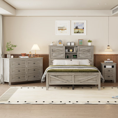 3-Piece Farmhouse Bedroom Set Platform Bed with Sliding Barn Door Headboard & Charging Station, Storage Nightstand and Dresser