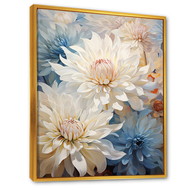 «Blooming Mums» en beige et bleu sur toile, H 44 po x l 34 po x P 1,5 po, Cadre flottant doré
