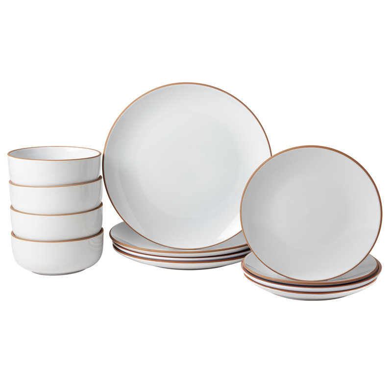 Infuse 12-Piece White Ceramic Dinnerware Set with Terracotta Rim