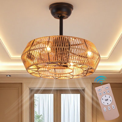 Ventilateur de plafond 19 po en rotin tissé de style rustique avec lumière DEL, télécommande et moteur réversible à 6 vitesses pour la chambre à coucher, le salon ou la cuisine