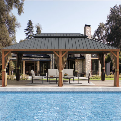 14x22ft Hardtop Gazebo with Netting and Curtains, Heavy Duty Outdoor Pavilion with Aluminum Frame & Double Galvanized Steel Roof for Patio, Backyard, Deck & Lawn