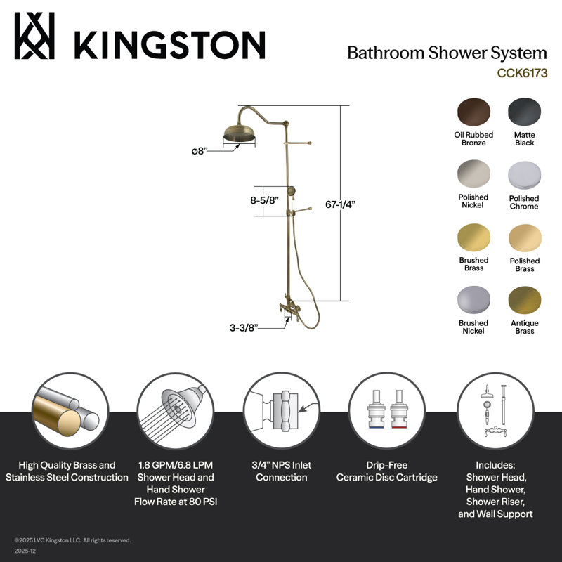 Système de douche à pluie mural Kingston, Laiton brossé