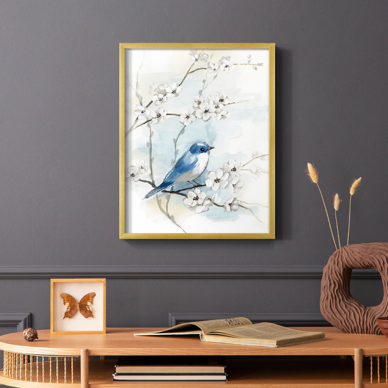 «Blossoms and Bluebird I», reproduction encadrée - bois massif, Or, H 14 po x l 11 po