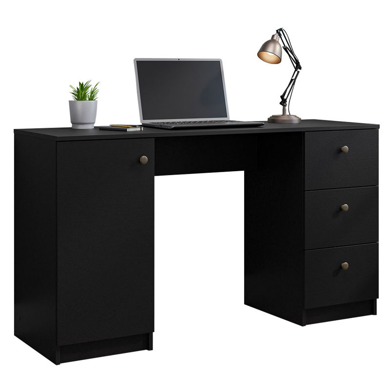 Sleek 53" Black Engineered Wood Gaming Desk with Filing Cabinet