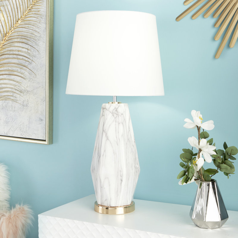 Ceramic Faux Marble Table Lamp with Base, White / Copper