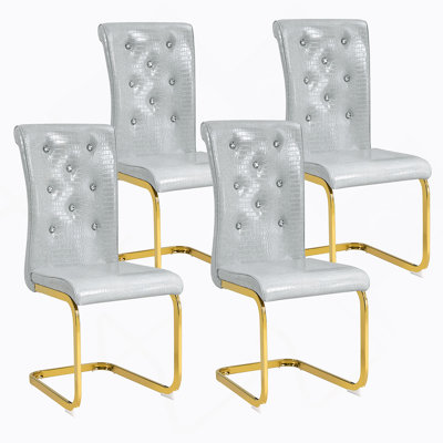 Set Of 2 Retro Alligator Skin Dining Chairs With Crystal Buckles And Gold-Plated Bow Legs For Elegant, Durable Seating.
