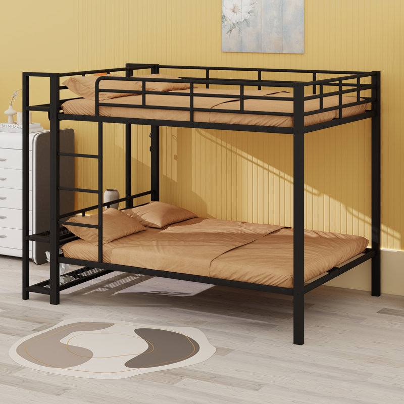 Metal Bunk Bed With Storage Mesh Shelves, Clothes Hooks Led Light Space Saving, Black