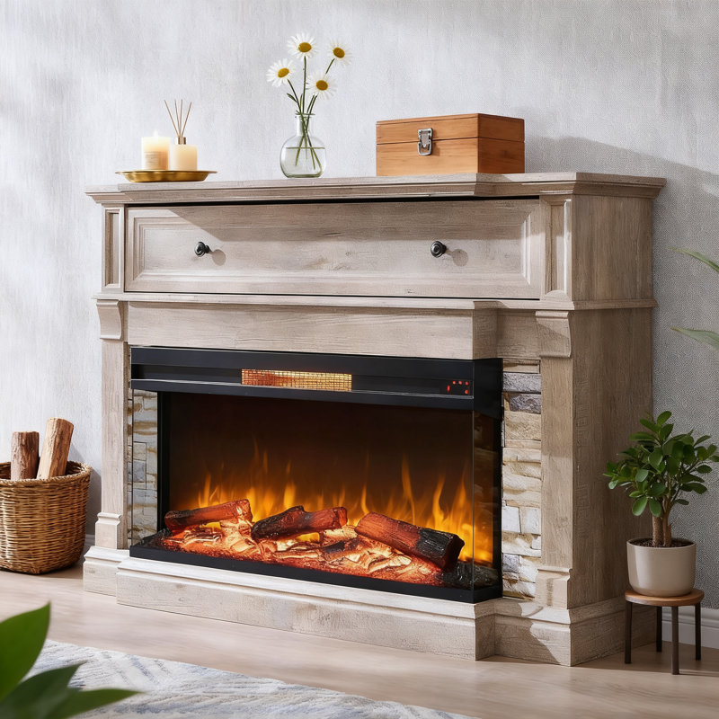 52" Tv Stand With Electric Fireplace With 3-Sided Glass, Rustic Oak