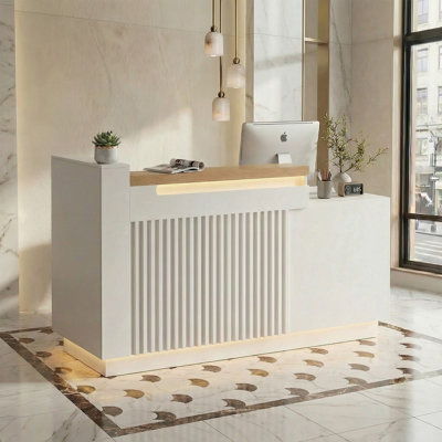 63" Modern L-Shaped Reception Desk With LED & Built-In Charging, White Front Checkout Counter For Salon, Retail, Office