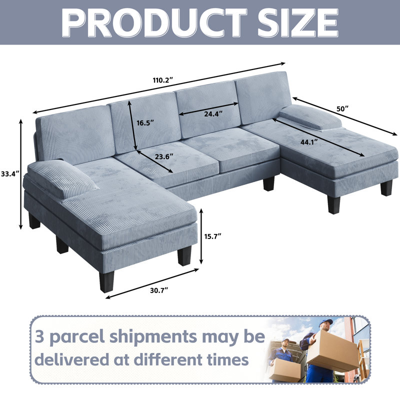Rudhi Corduroy U-Shaped Sectional, Gray Corduroy