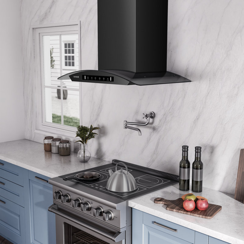 VIKIO 30" 600 CFM Ducted Wall Mount Range Hood in Stainless Steel with LED Lights, Baffle Filter and Gesture control, Black