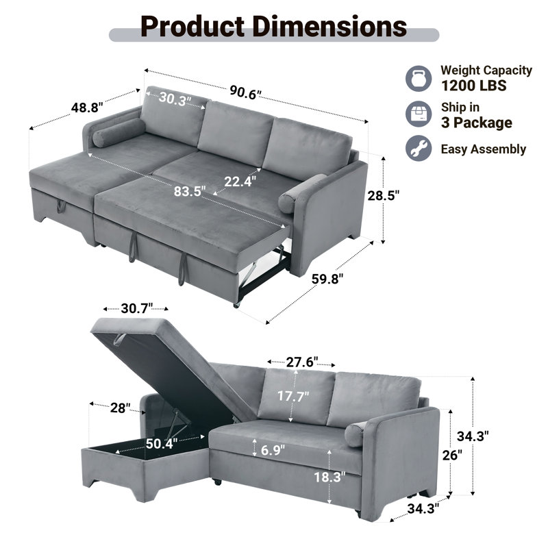 L-shaped Velvet Upholstered Sleeper Sofa and Chaise with Toss Pillows, Gray