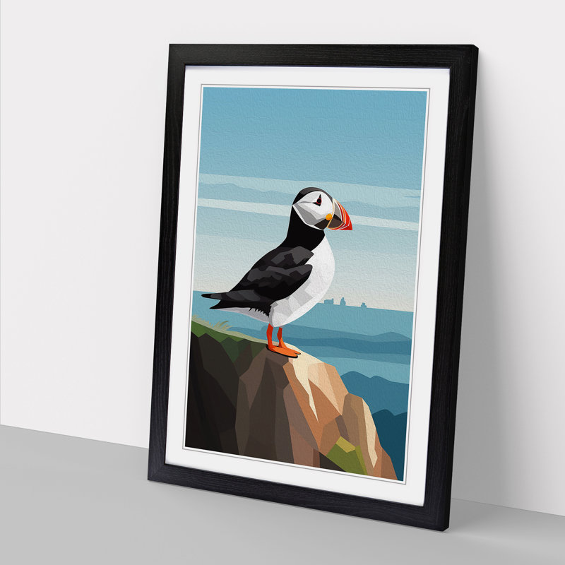 Puffin Minimalism - Single Picture Frame Print on Wood, Black, 34cm H x 25cm W x 2cm D