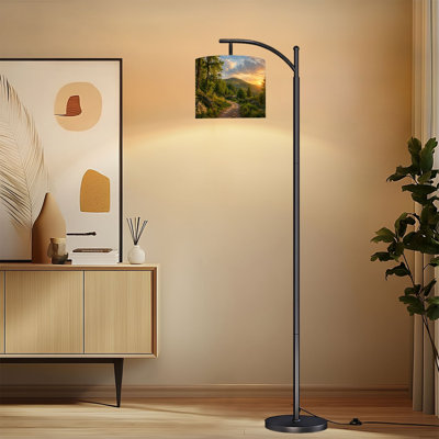 Lampe sur pied arquée avec abat-jour réglable, motif forêt et montagne, lampe sur pied spectaculaire, 3 températures de couleur, intensité variable, avec interrupteur au pied pour chambre à coucher