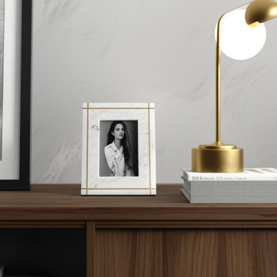 Rectangular Alabaster and Marble Picture Frame for Home Decor - Decorative Photo Frame for Entryway Tabletop Accent - White & Gold