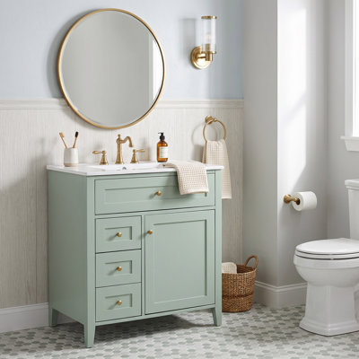 Meuble-lavabo autoportant de 76 cm (30 po) en MDF et bois d'hévéa vert avec lavabo, 3 tiroirs et tablette ajustable