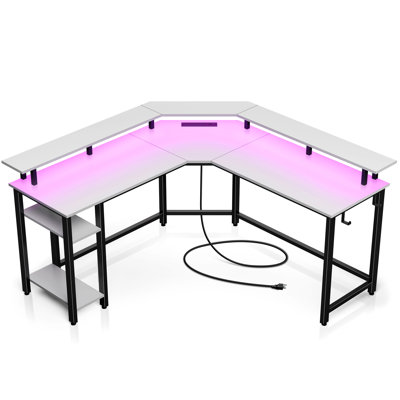 Lameen L Shaped Computer Desk with Power Outlets & RGB Lights, Corner Desk with Monitor Shelf