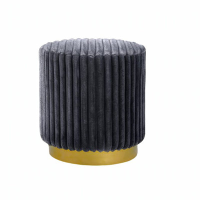 Round Accent Stool with Gold Base, Stainless Steel, Fur Fabric, Contemporary Dark Gray Finish for Primary Living Room