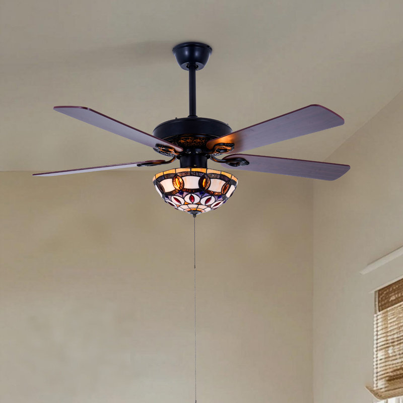 Black American Tiffany Style Colored Glass Ceiling Fan Light | Six-speed Inverter Remote Control