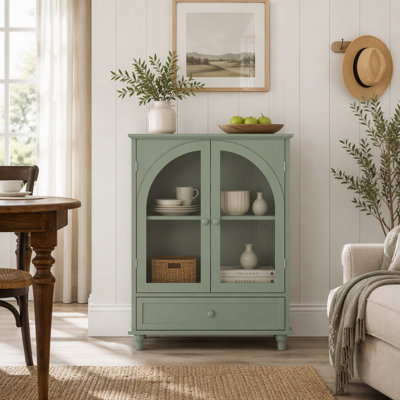 Farmhouse Sideboard with Double Arched Glass Doors, Green Storage Cabinet with Tiered Top & 1 Drawer for Kitchen, Living Room, Coffee Bar