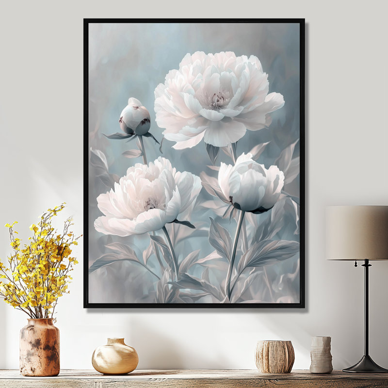 «Gray Moonlit Garden - Pe pivoines», reproduction sur toile encadrée, Noir, Impression encadrée sans passe-partout