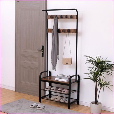 Portemanteaux pour vestibule, portemanteau 4 en 1 avec banc à chaussures, 9 crochets et amp; Tige suspendue, brun rustique | 15 po x 28 po x 71 po | Brun | Bois aggloméré + métal