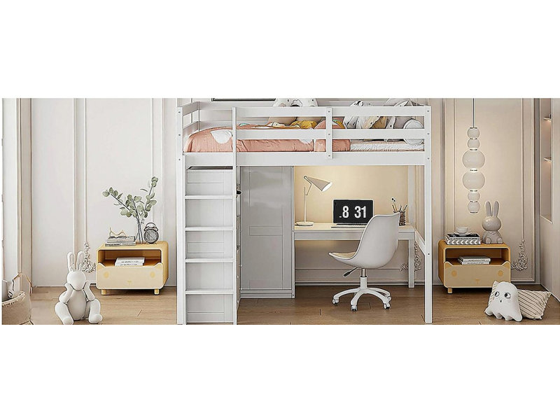 Lit mezzanine double en bois avec garde-robe intégrée, bureau, tablettes de rangement et tiroirs, Noyer