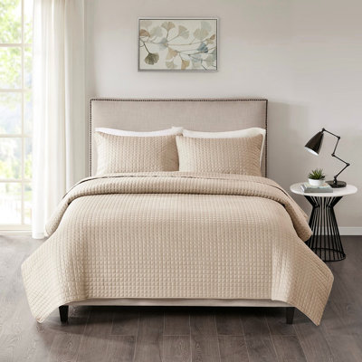 3 Piece Khaki Full/Queen Reversible Quilt Bedding - Quality, Square Check Feature, Machine Washable Material