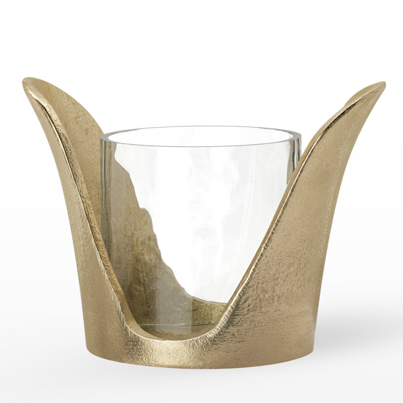 Handmade Aluminum Gold Tealight Candle Holder with Glass Hurricane, Gold