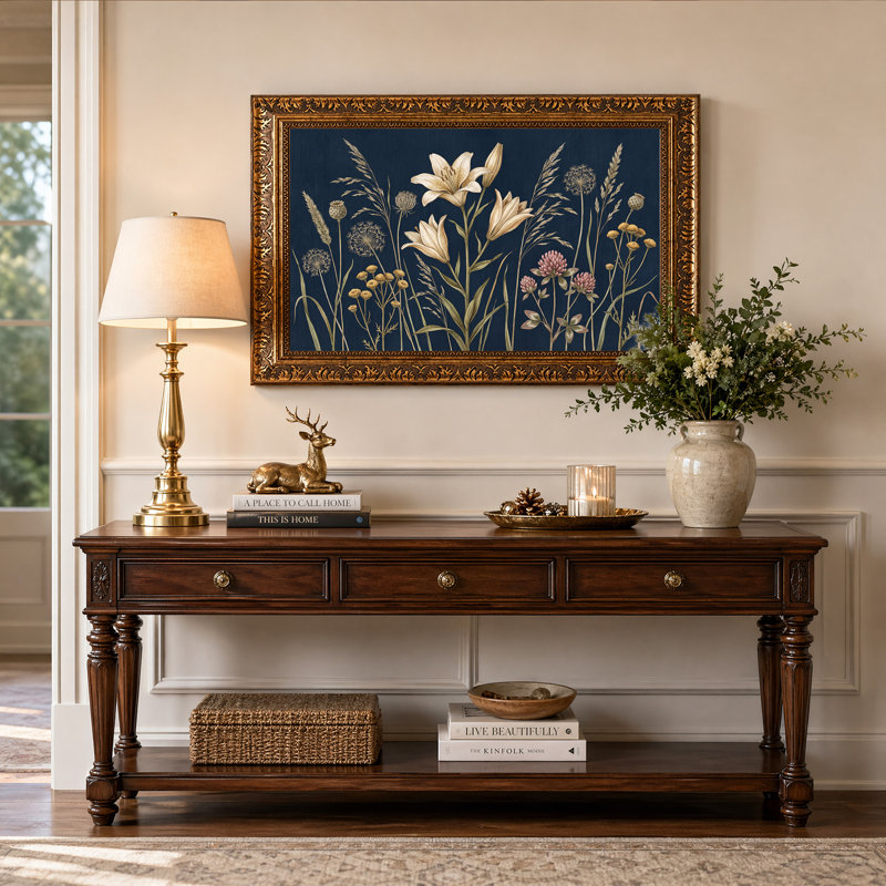 Art botanique sur toile bleu marine, H 20 po x l 30 po