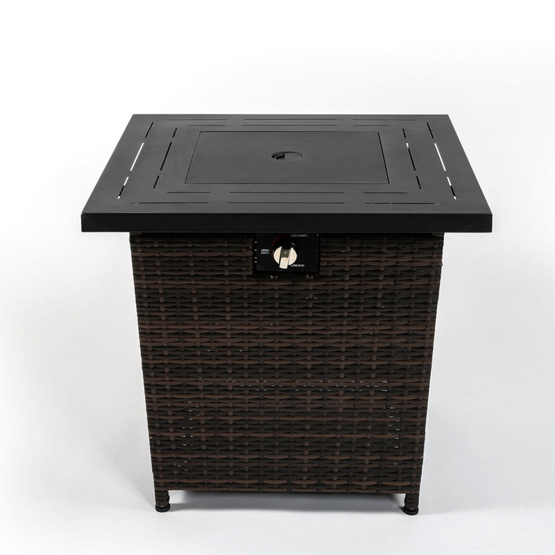 28" Propane Gas Fire Pit Table, 50000 BTU Square Steel Fire Pit With Beautiful Wicker Base For Outside Patio Deck Garden Backyard-Black