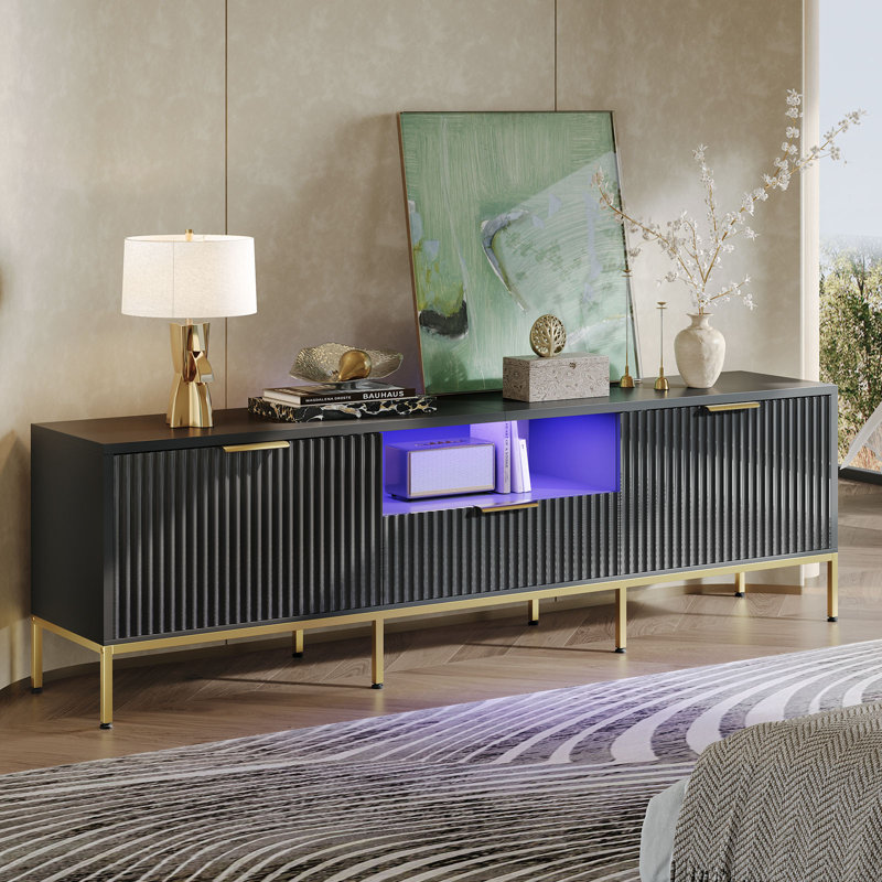 Fluted TV Stand, Glossy Media Console with Wave Pattern Buffet Cabinet, Black, 54cm H x 178cm W x 35cm D