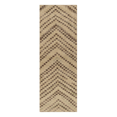 Vintage Distressed Runner Rug, Beige-Brown Geometric Patterns – Rug & Kilim