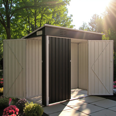 Remise de rangement extérieure en acier galvanisé 4 x 8 pi avec 3 portes d'accès, remise ventilée en métal résistante aux intempéries pour outils de jardin, vélos et équipement de patio, noir (3,58 x 7,41 pi)