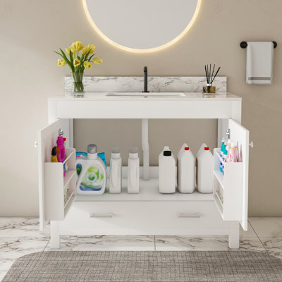 Ensemble de meuble-lavabo moderne 43 po avec plateau en pierre de Carrare blanc fritté, armoire de salle de bain multifonctionnelle avec portes et tiroir, structure solide et panneau de fibres à densité moyenne (trou de robinet simple)