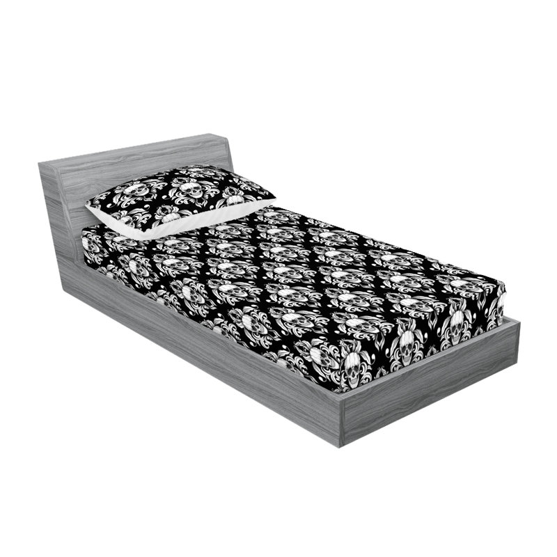 Ambesonne Fitted Sheet & Shams, Charcoal Gray/White Damask, Twin Sheet Set with 1 Pillowcase