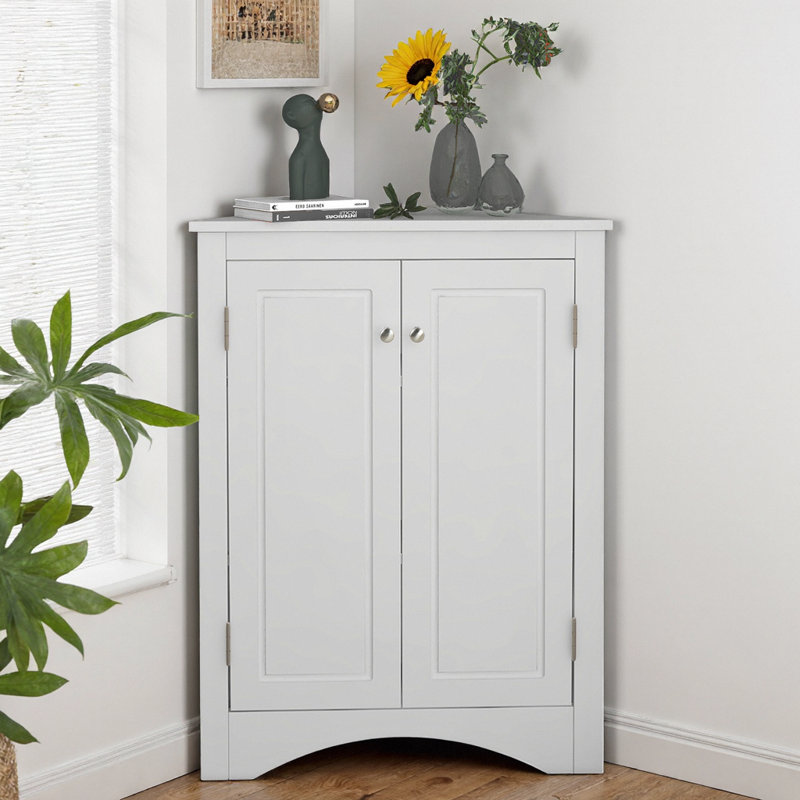 Armoire de rangement de coin triangulaire avec tablettes réglables | Armoire de plancher autoportante peu encombrante pour la salle de bain, la cuisine et le salon, fabrication en panneau de fibres à densité moyenne