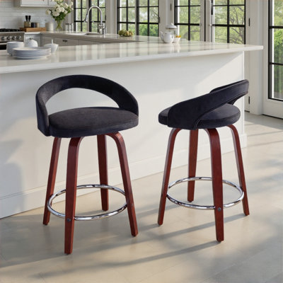 Tabouret de comptoir à hauteur fixe avec pivot en bois d'acajou, repose-pieds en métal chromé et velours noir - ensemble de 2