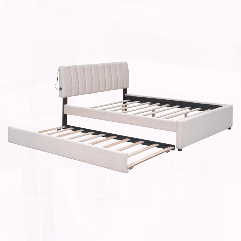 Grand lit plateforme tapissier en molleton avec lit gigogne simple TG et lumières DEL