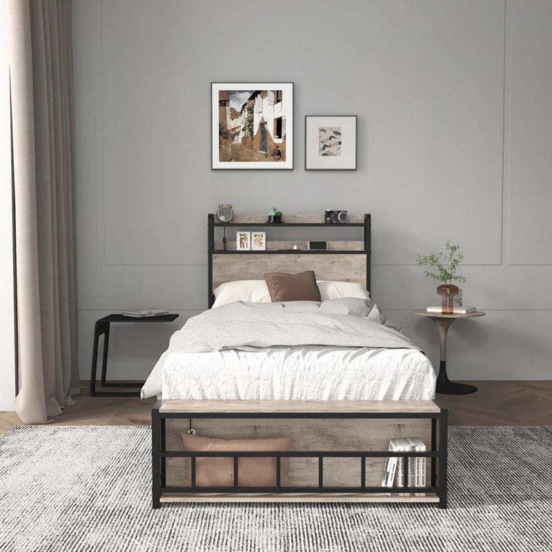 Lit de rangement avec tête de lit, station de charge et lumière DEL pour la chambre à coucher